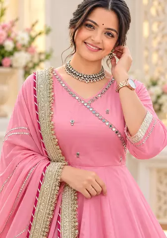 pink color mirror hand and gota pati work organza silk blend anarkali lehenga set 