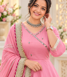 pink color mirror hand and gota pati work organza silk blend anarkali lehenga set 