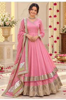 pink color mirror hand and gota pati work organza silk blend anarkali lehenga set  1