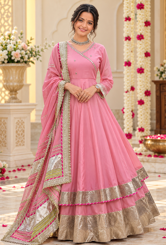 pink color mirror hand and gota pati work organza silk blend anarkali lehenga set 