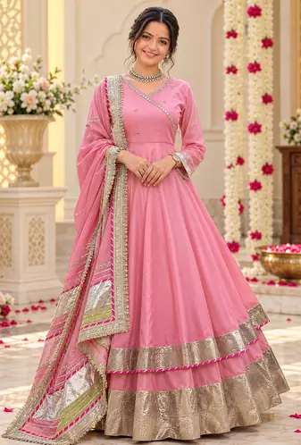 pink color mirror hand and gota pati work organza silk blend anarkali lehenga set 