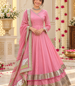 pink color mirror hand and gota pati work organza silk blend anarkali lehenga set 