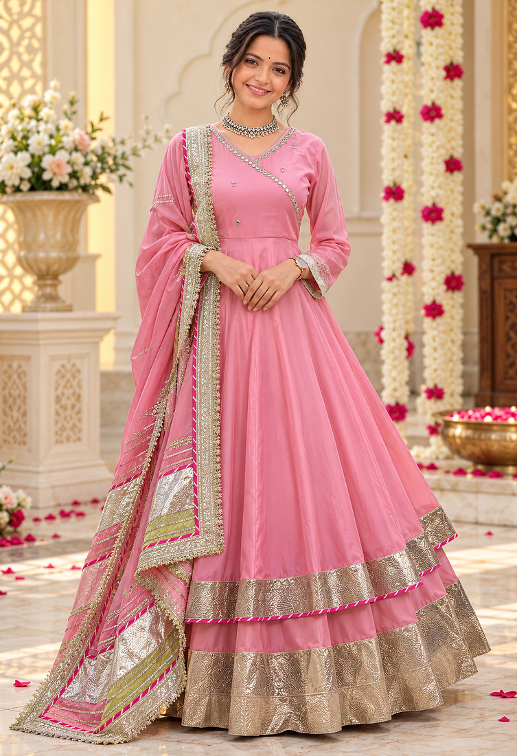 pink color mirror hand and gota pati work organza silk blend anarkali lehenga set 