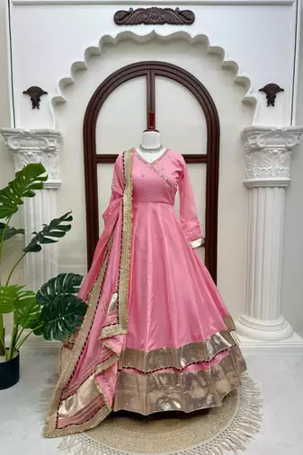 pink color mirror hand and gota pati work organza silk blend anarkali lehenga set 