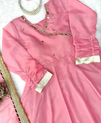 pink color mirror hand and gota pati work organza silk blend anarkali lehenga set  4