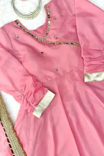 pink color mirror hand and gota pati work organza silk blend anarkali lehenga set 