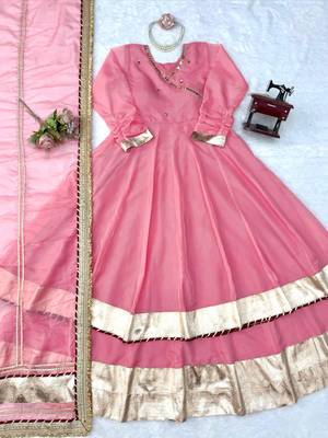 pink color mirror hand and gota pati work organza silk blend anarkali lehenga set  5