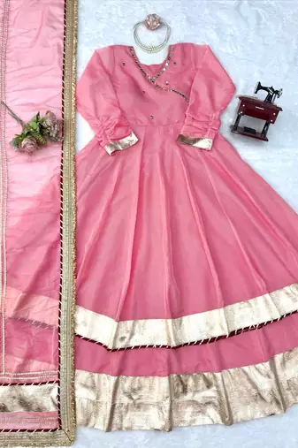 pink color mirror hand and gota pati work organza silk blend anarkali lehenga set 
