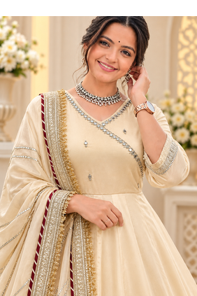cream color mirror hand and gota pati work organza silk blend anarkali lehenga set  2