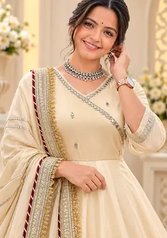 cream color mirror hand and gota pati work organza silk blend anarkali lehenga set 