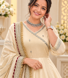 cream color mirror hand and gota pati work organza silk blend anarkali lehenga set 