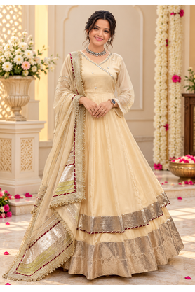 cream color mirror hand and gota pati work organza silk blend anarkali lehenga set  1