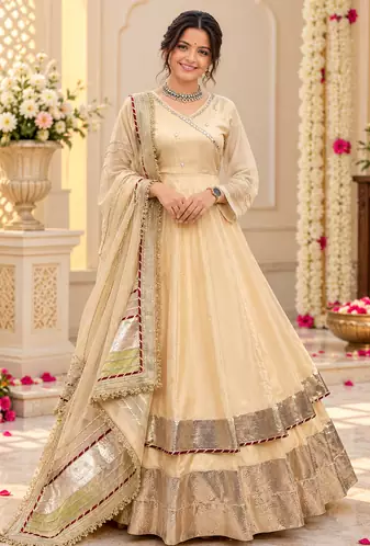 cream color mirror hand and gota pati work organza silk blend anarkali lehenga set 