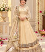 cream color mirror hand and gota pati work organza silk blend anarkali lehenga set 