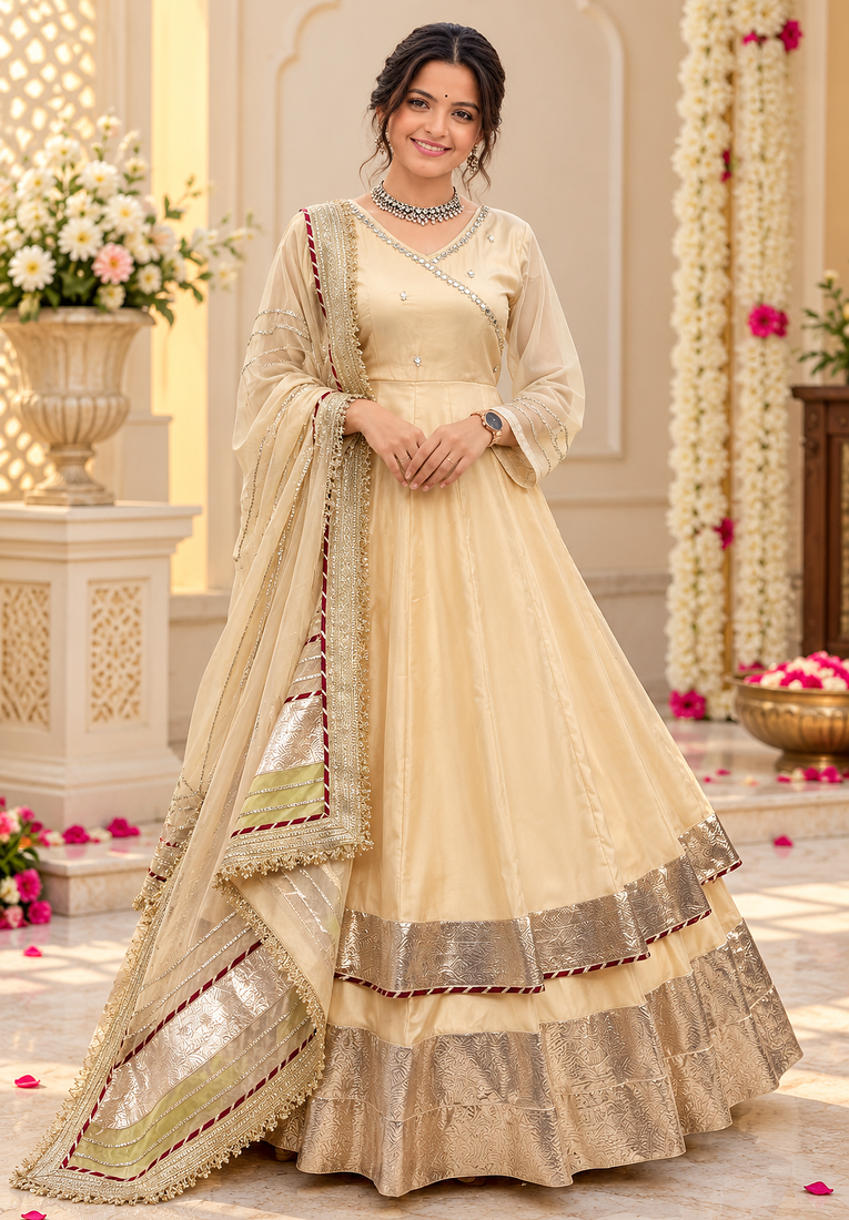 cream color mirror hand and gota pati work organza silk blend anarkali lehenga set 