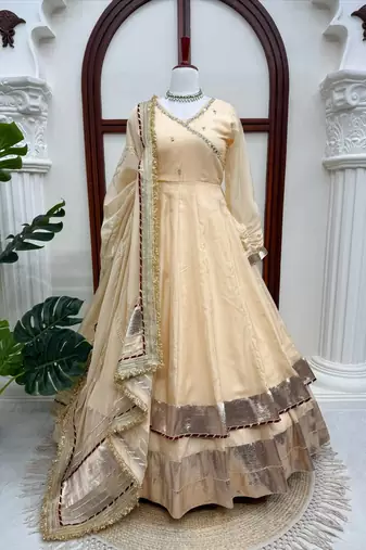 cream color mirror hand and gota pati work organza silk blend anarkali lehenga set 