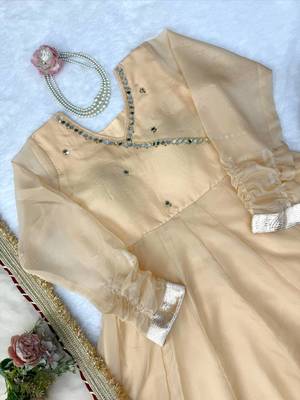 cream color mirror hand and gota pati work organza silk blend anarkali lehenga set  4