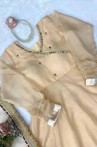 cream color mirror hand and gota pati work organza silk blend anarkali lehenga set 