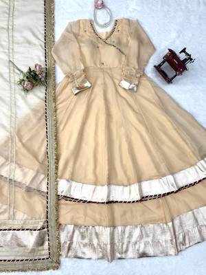 cream color mirror hand and gota pati work organza silk blend anarkali lehenga set  5