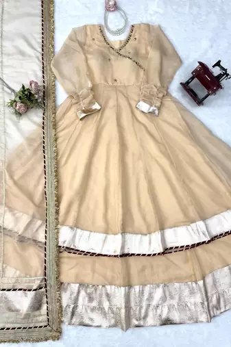 cream color mirror hand and gota pati work organza silk blend anarkali lehenga set 