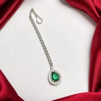 Green Teardrop Maang Tikka, Kundan Bridal Forehead Jewelry 2