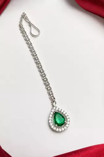 Green Teardrop Maang Tikka, Kundan Bridal Forehead Jewelry