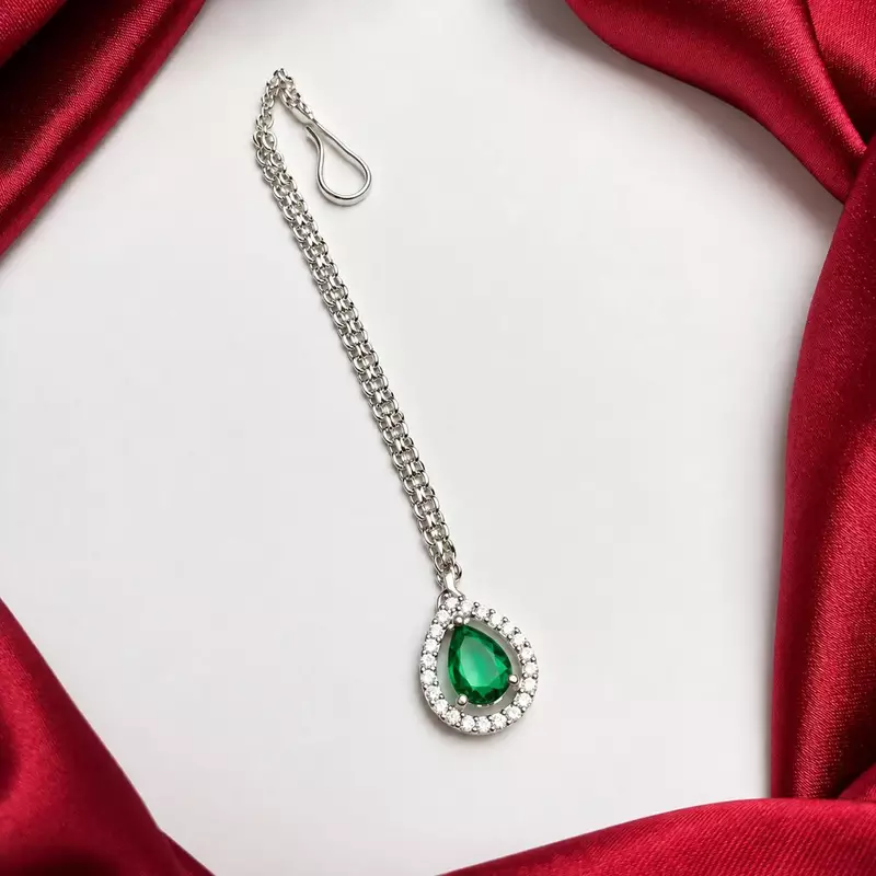 Green Teardrop Maang Tikka, Kundan Bridal Forehead Jewelry