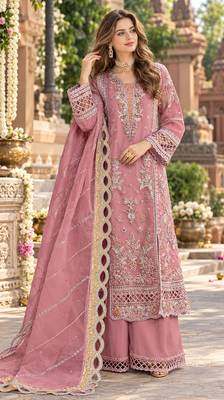 Pink chiffon semi stitched suit with embroidery & sequence work 1