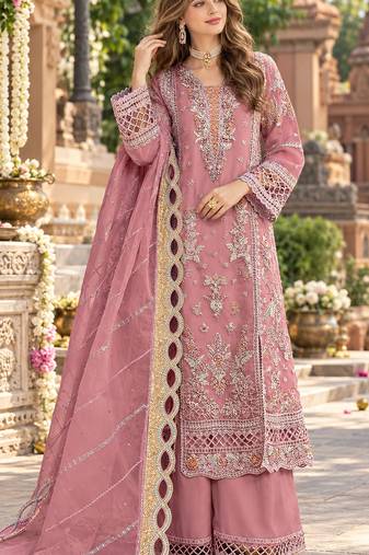 Pink chiffon semi stitched suit with embroidery & sequence work