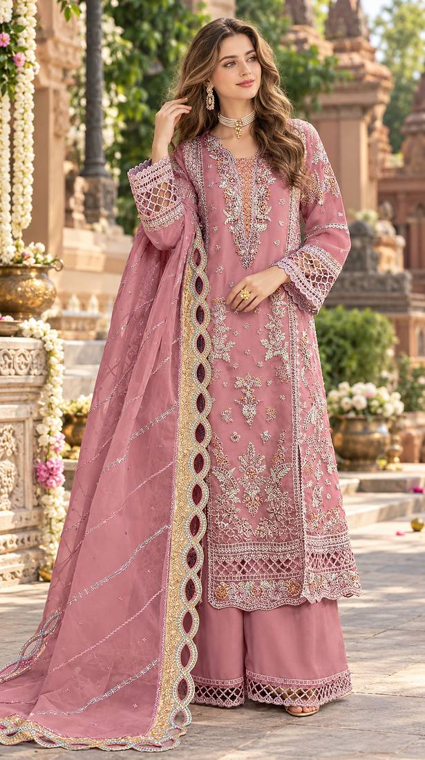 Pink chiffon semi stitched suit with embroidery & sequence work