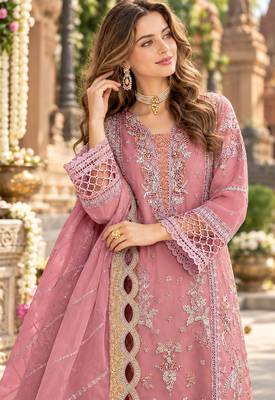 Pink chiffon semi stitched suit with embroidery & sequence work 2