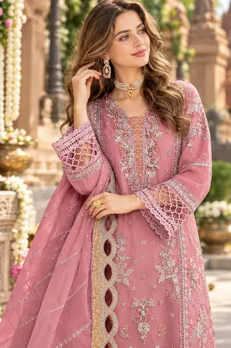 Pink chiffon semi stitched suit with embroidery & sequence work