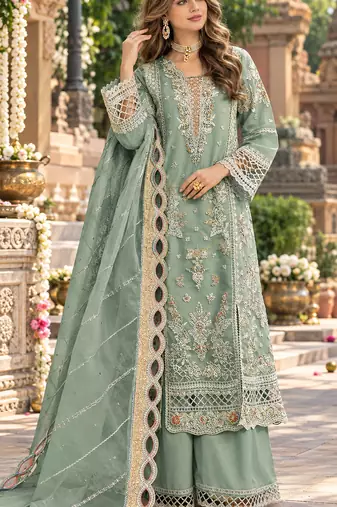 Blue chiffon semi stitched suit with embroidery & sequence work