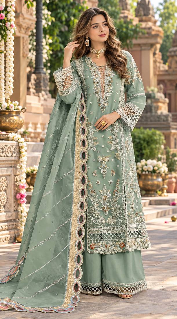 Blue chiffon semi stitched suit with embroidery & sequence work