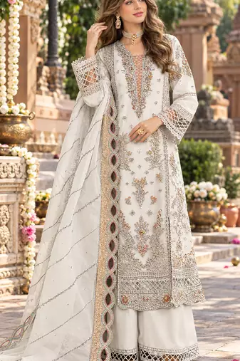 White chiffon semi stitched suit with embroidery & sequence work