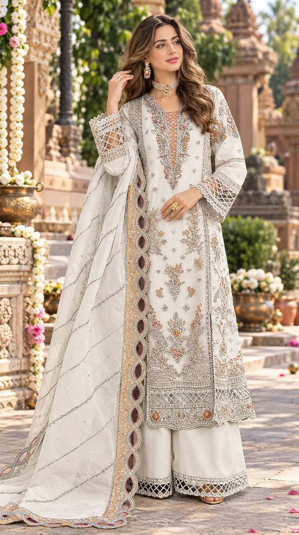White chiffon semi stitched suit with embroidery & sequence work