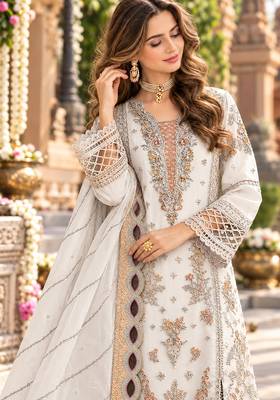 White chiffon semi stitched suit with embroidery & sequence work 2