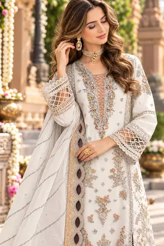 White chiffon semi stitched suit with embroidery & sequence work