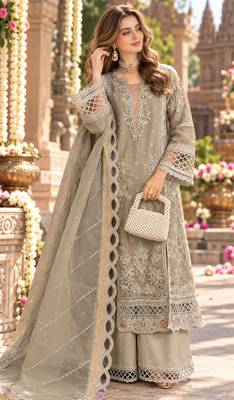 Beige chiffon semi stitched suit with embroidery & sequence work 1