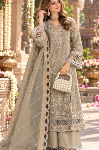 Beige chiffon semi stitched suit with embroidery & sequence work