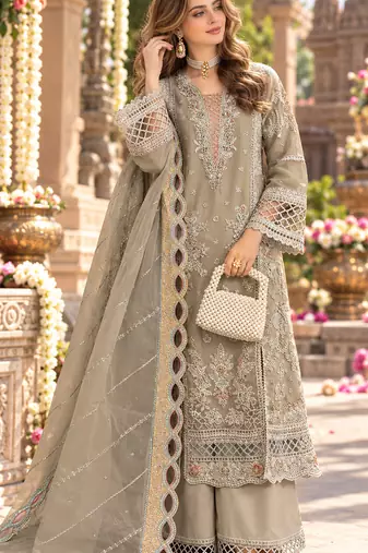 Beige chiffon semi stitched suit with embroidery & sequence work