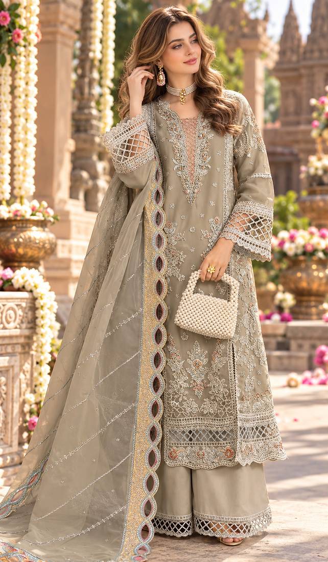Beige chiffon semi stitched suit with embroidery & sequence work