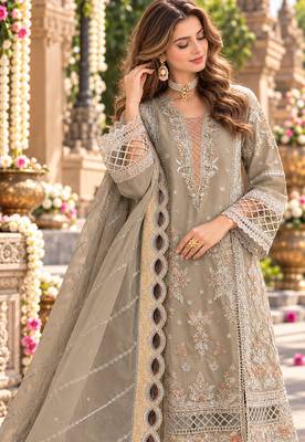 Beige chiffon semi stitched suit with embroidery & sequence work 2
