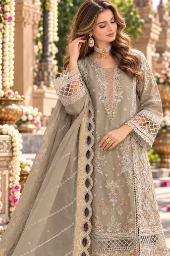 Beige chiffon semi stitched suit with embroidery & sequence work