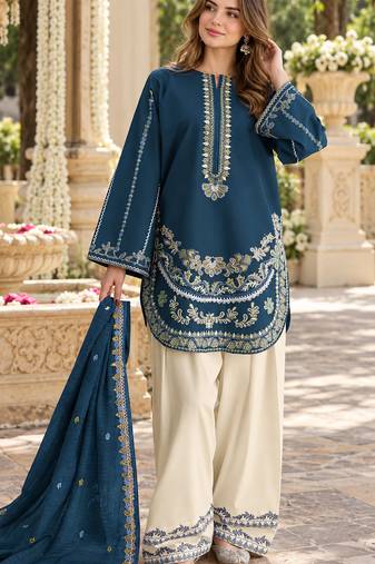 Navy silk blend semi stitched suit with embroidery work