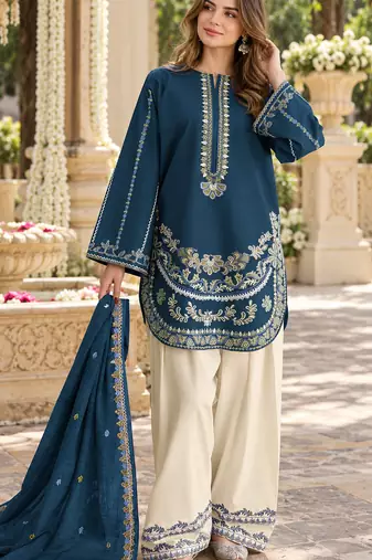 Navy silk blend semi stitched suit with embroidery work