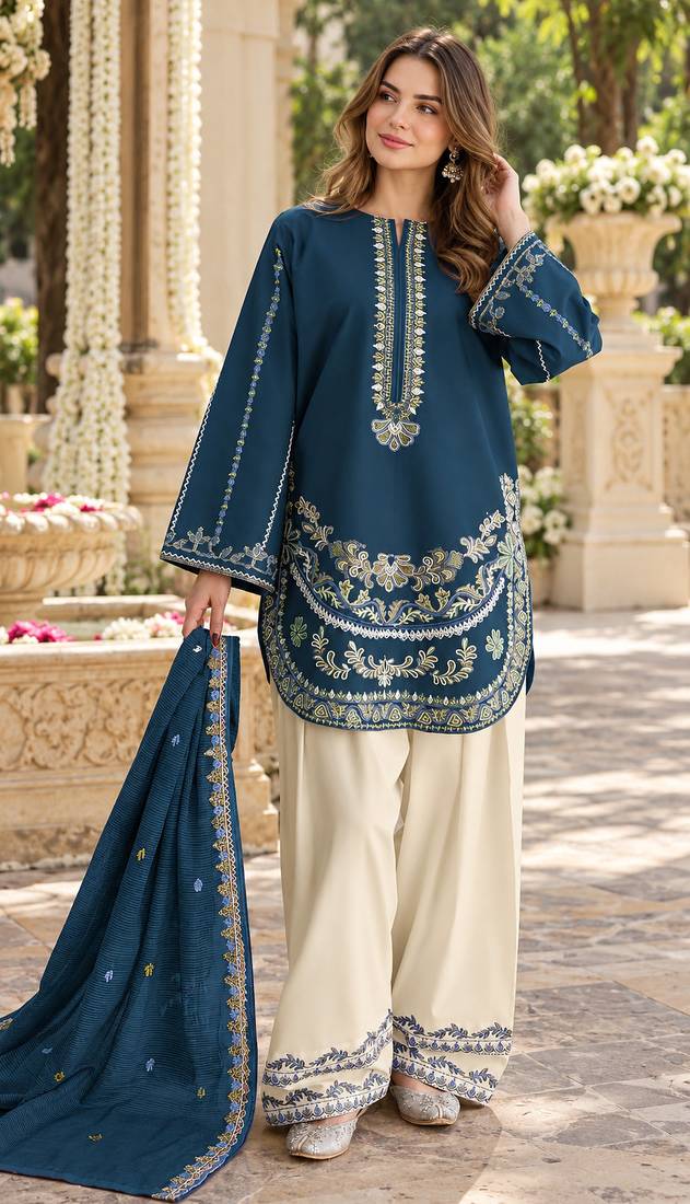 Navy silk blend semi stitched suit with embroidery work