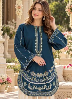 Navy silk blend semi stitched suit with embroidery work 2