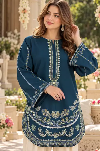 Navy silk blend semi stitched suit with embroidery work