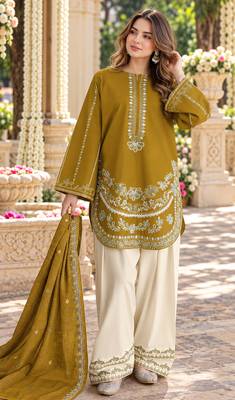 Mustard silk blend semi stitched suit with embroidery work 1